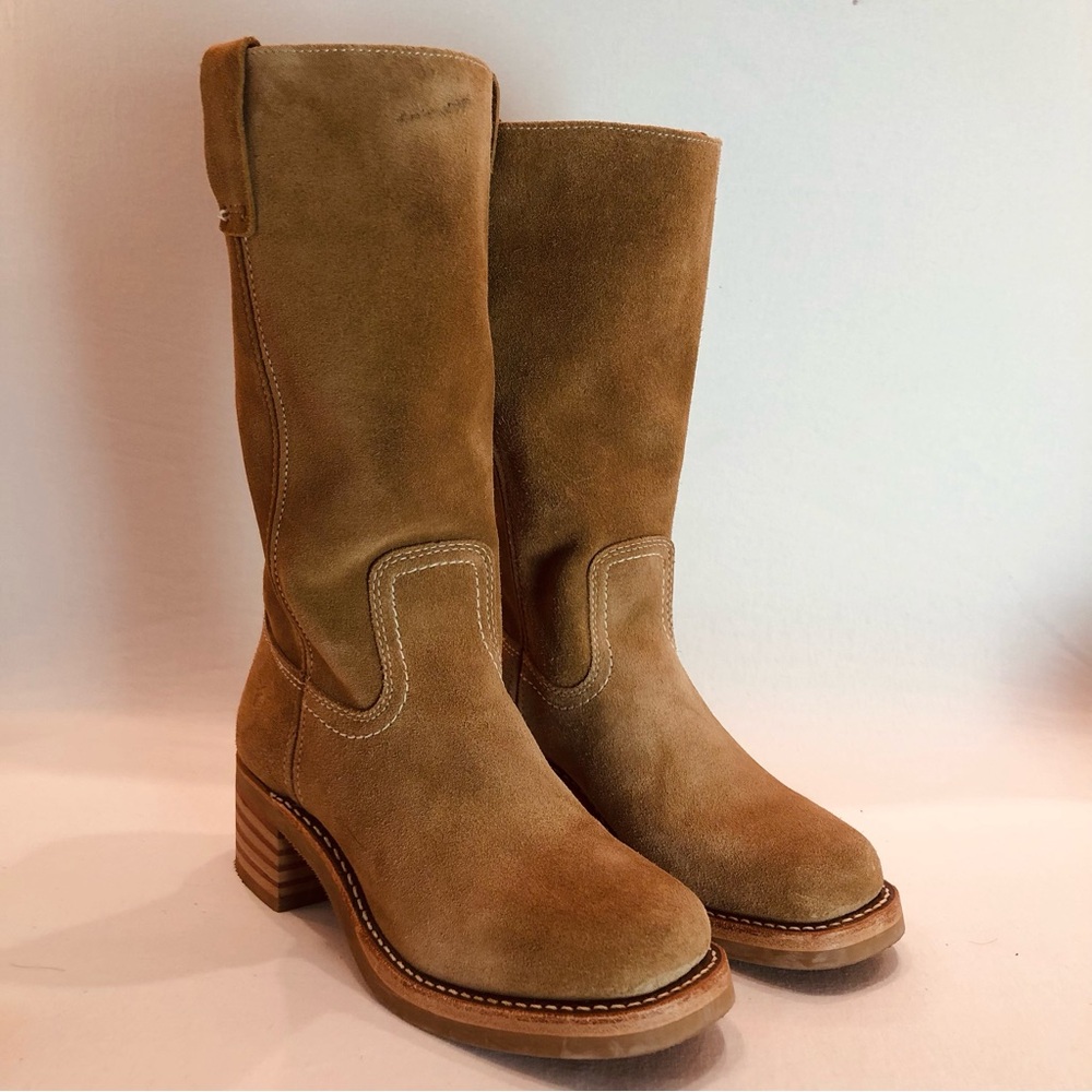 FRYE CAMPUS 12R Tan Mid Calf Suede Leather Boots Stacked wood heel Round toe 6.5 - Picture 5 of 15